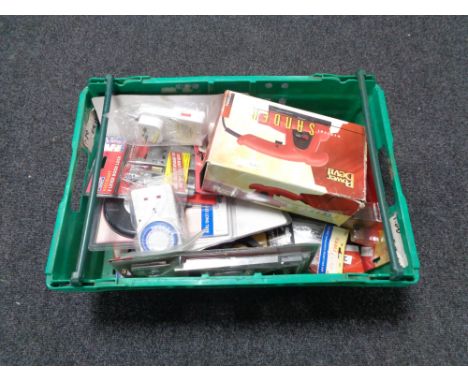 A crate of new and used tools, angle finders, mortice gauge, door locks etc 