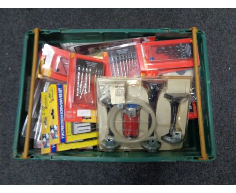 A crate of new tools, drill bits, precision screw drivers, staple gun, LED spot lights etc 