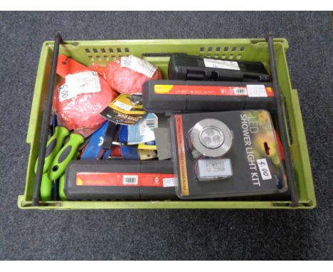 A crate of new tools, wall scrapers, torque wrench, LED light kit etc 
