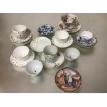 A Chinese porcelain 19thc saucer decorated with Figures by a Stream, two Continental blue floral