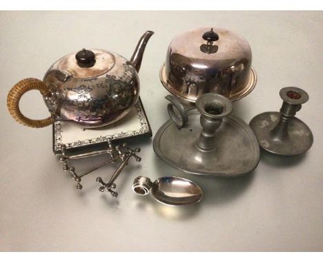 An Epns engraved teapot with raffia covered handle, a tile kettle stand, an Epns muffin dish complete with liner, two pewter 