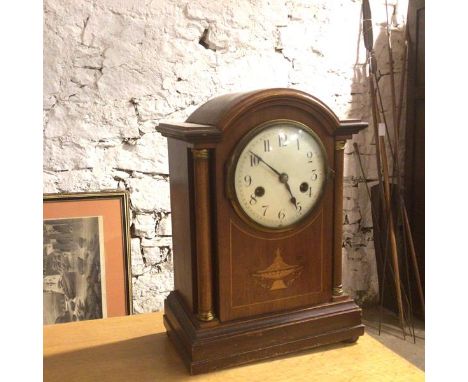 An Edwardian mantel clock of architectural form, with enamelled dial and arabic numerals (missing one foot) (33cm x 24cm x 13