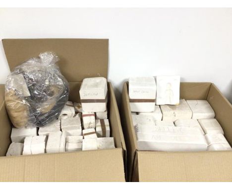 Three boxes of doll moulds, some marked Seeley Ceramic Service together with a quantity of hair