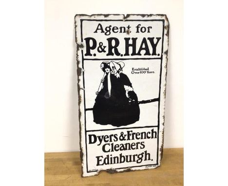 A vintage double sided enamelled sign for P &amp; R Hay, Driers and French Cleaners, Edinburgh (56cm x 31cm)