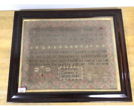 Mid 19thc., In Memorian, needlework sampler, worked by Margaret Garnett, 1846, with flowers and verse, In the Grain painted R