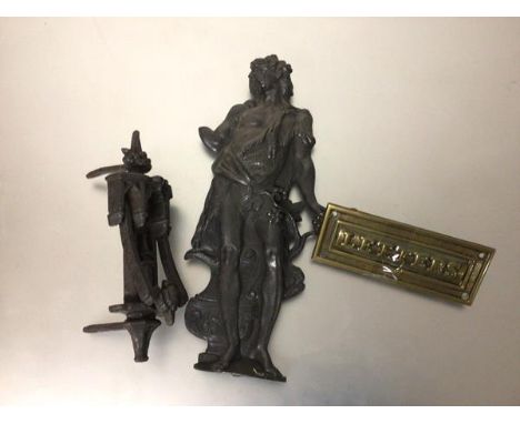 A spelter cast Standing Figure, after David (32cm), a brass letter box and a Victorian cast iron gothic door knocker (21cm x 