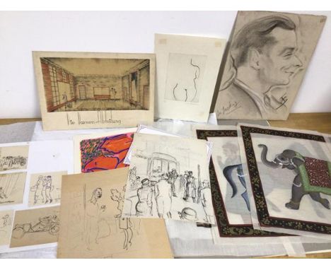 Folio of assorted prints and sketches, including Portrait of a Gentleman by Joe Lockey, Inger Laurance no. 1/50, Indian print