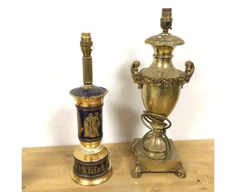 A modern classically inspired ceramic table lamp with gilt figural decoration (42cm) and another brass table lamp of urn form