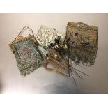 Three various lady's beaded and metalwork evening purses and a collection of vintage hair pins and