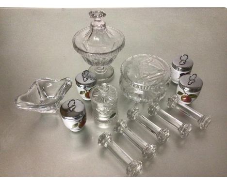 A Stewart Crystal miniature jam pot, a crystal mounted dressing table container, a set of five various crystal knife rests, f