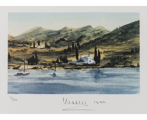 δ HRH Prince of Wales (b.1948)Greek Island Landscape, Fishing BoatsLithograph printed in colours, 1999, signed, dated and num