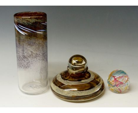 An Isle of Wight Michael Harris compressed glass bottle, coloured with brown swirls;  an Isle of Wight cylinder glass vase, w