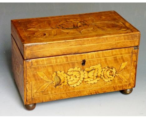 A George III fruitwood tea caddy, line inlaid and decorated overall with flowerheads and leafage, the interior with three com