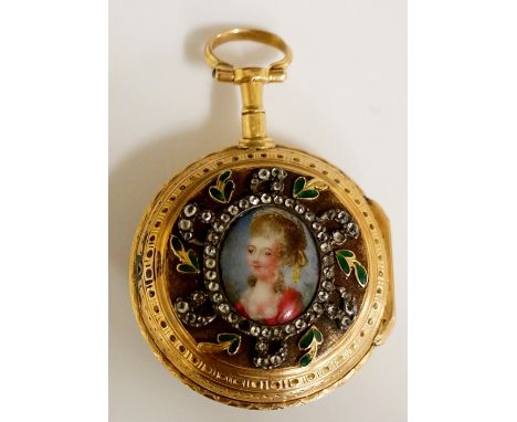 An early 19th Century gold verge fusée ladies lapel watch by Mallet, Paris, the white enamel dial with Roman and Arabic numer