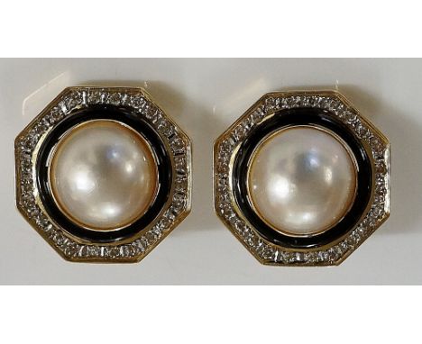 A pair of 18ct yellow gold diamond, pearl and black enamel earrings of octagonal form with central split cultured pearl caboc