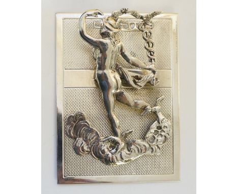 A silver spring loaded desk clip in the form of Mercury dancing above the clouds and holding his caduceus, engine turned back
