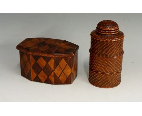 Treen - a cylindrical turned box and cover with engine turned bands, punched decoration, domed cover, 13cm high; a George III