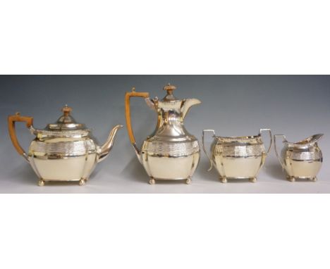 A good four piece silver tea service comprising: a teapot, coffee pot, cream jug and sucrier, a with gadrooned rims, faceted 