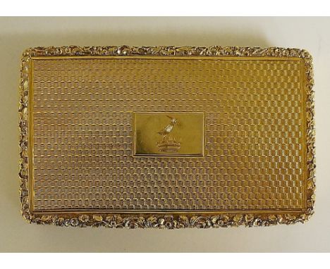 Nathaniel Mills - an 18ct gold engine turned snuff box, the hinged lid with central rectangular cartouche engraved with a cre