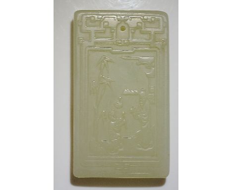 A Chinese Celadon jade plaque of rectangular form the front carved wtih figures in bamboo landscape within a shaped frame, th