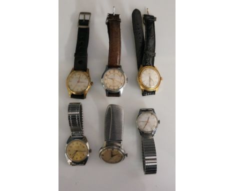 Six vintage gentleman's wristwatches, various manufacturers, some with expandable steel bracelets, others with leather straps