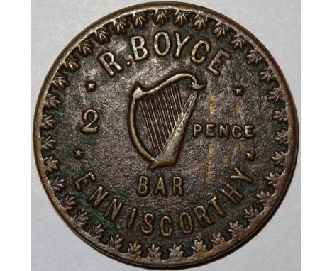 Irish Tavern or Pub token, Wexford, Enniscorthy, Harp (depicted) Bar, R. Boyce, 2d, brass 28mm, Todd -, Rice 37, Very Fine