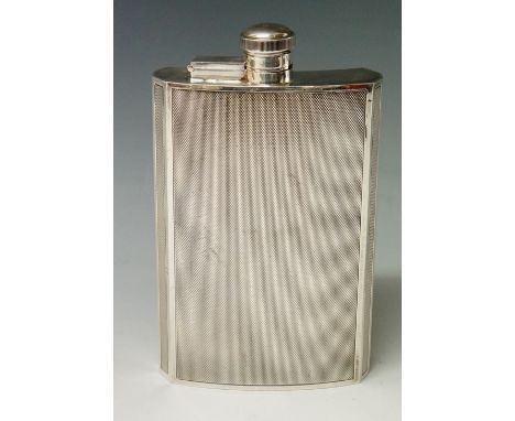 A large silver plated 10 oz hip flask, engine turned body with plain bevelled edges, by James Dixon and Sons, marked EPBM, Ma