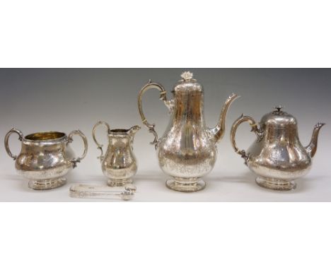 A Victorian five piece tea set comprising : a teapot, coffee pot, milk jug, sucrier and sugar tongs, all engraved with passio