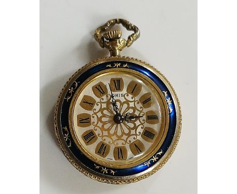 Oris - a ladies gilt metal and enamel lapel watch, the circular dial with Roman tablet numerals inscribed Oris, blue enamel b