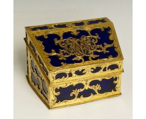 A mid 19th Century continental brass mounted bright blue engine turned enamel casket of slope top form, the hinged lid finely
