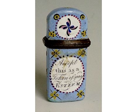 A South Staffordshire  powder blue enamel scent bottle case of arched form, the hinged lid decorated with stylised leafage on