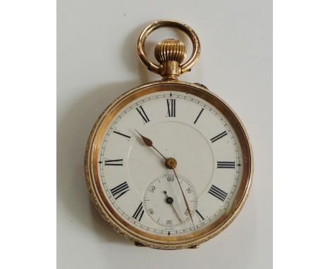 A 14ct gold foliate engraved ladies lapel watch the back with filled cartouche on an engine turned ground, the white enamel d