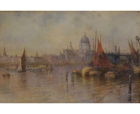 Alfred W Hunt - busy Thames scene with St Paul's in the background, watercolour, signed and dated lower right 1875, 18cm x 27