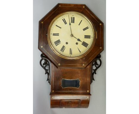 A mid 19th Century walnut veneered Black Forest drop case wall clock the octagonal top enclosing a cream painted dial with Ro
