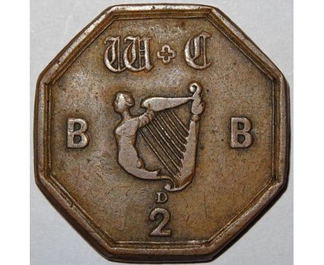 Irish Tavern or Pub token, Dublin, W.C. - B.B., William Camac, Balls Bridge, 2d, harp in centre, copper octagonal 26mm, Todd 