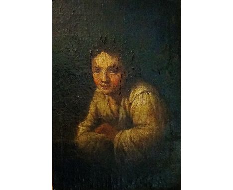 Italian School, late 18th Century - a young boy leaning on a shelf, oil on panel, inscribed verso Conte Pietro Rotari, 26cm x