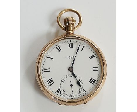 A J W Benson, London - a 9ct gold keyless lever pocket watch the white enamel dial with Roman numerals and subsidiary seconds