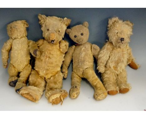 Four vintage plush teddy bears, 37cm high and smaller, all early to mid 20th Century (faults)