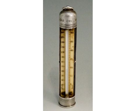 An unusual silver pocket thermometer, the engine turned case housing a small mercury thermometer, the ivory measuring board m