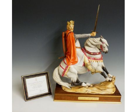 A Royal Worcester figure of Richard Coeur De Lion by Bernard Winskill, seated on a dappled grey stallion with shield over his