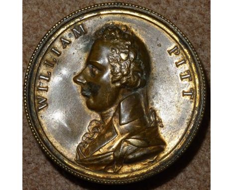 George III, Political, William Pitt the Younger, round snuff or cashew box, gilt copper c55x26mm, the lid with an embossed po