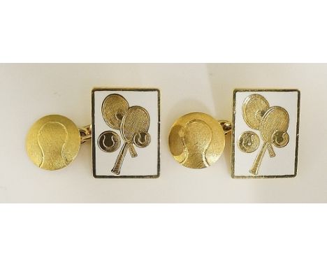 A pair of gold and white enamel "tennis" cufflinks the rectangular tablets white enamel engraved with tennis rackets and ball