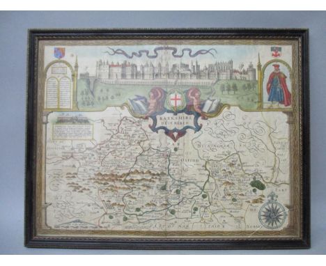 A 17th/18th century edition of a John Speede coloured map of Berkshire with a view of Windsor Castle flanked by two arches an