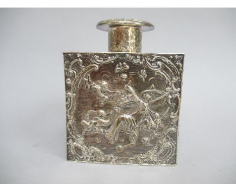 A late 19th century Dutch silver, square tea caddy by Martin Sugar, London 1892 with detachable cap, embossed and chased with