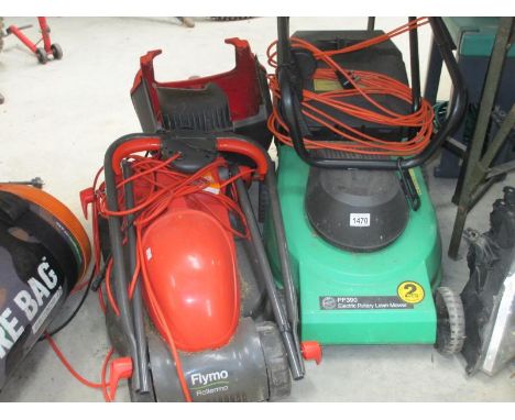 A Flymo "Rollermo" and a Performance power electric rotary lawnmower.