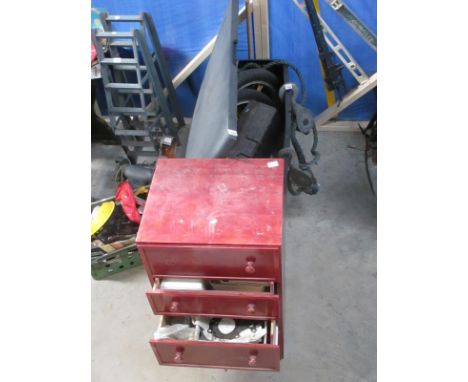 A garden storage box, a toolbox with contents, various power tools, 2 Kawasaki wheels, pulleys and a full with tools 4 drawer