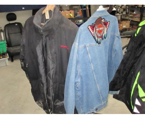 A Honda water proof jacket and a Wrangler jacket with a Harley Davidson patch on back XL