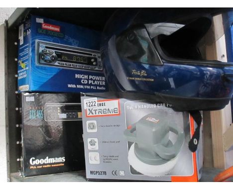 A mixed lot of motoring items including Goodmans car radios, Challenge Extreme car polisher, helmet