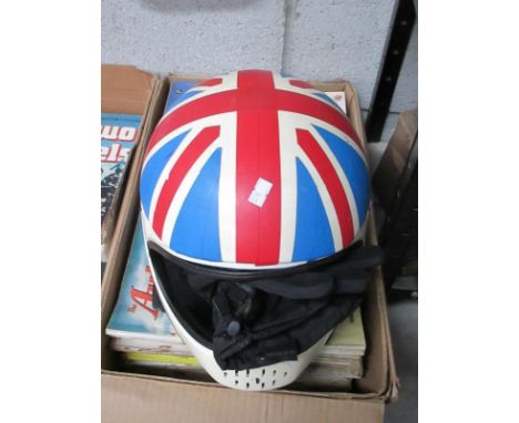 A motorcycle helmet and gloves