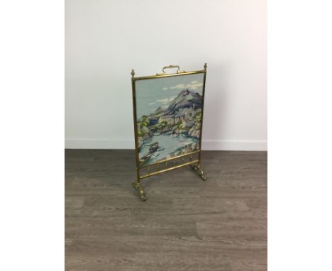 BRASS FIRESCREEN, with inset needlework panel, 49cm wide